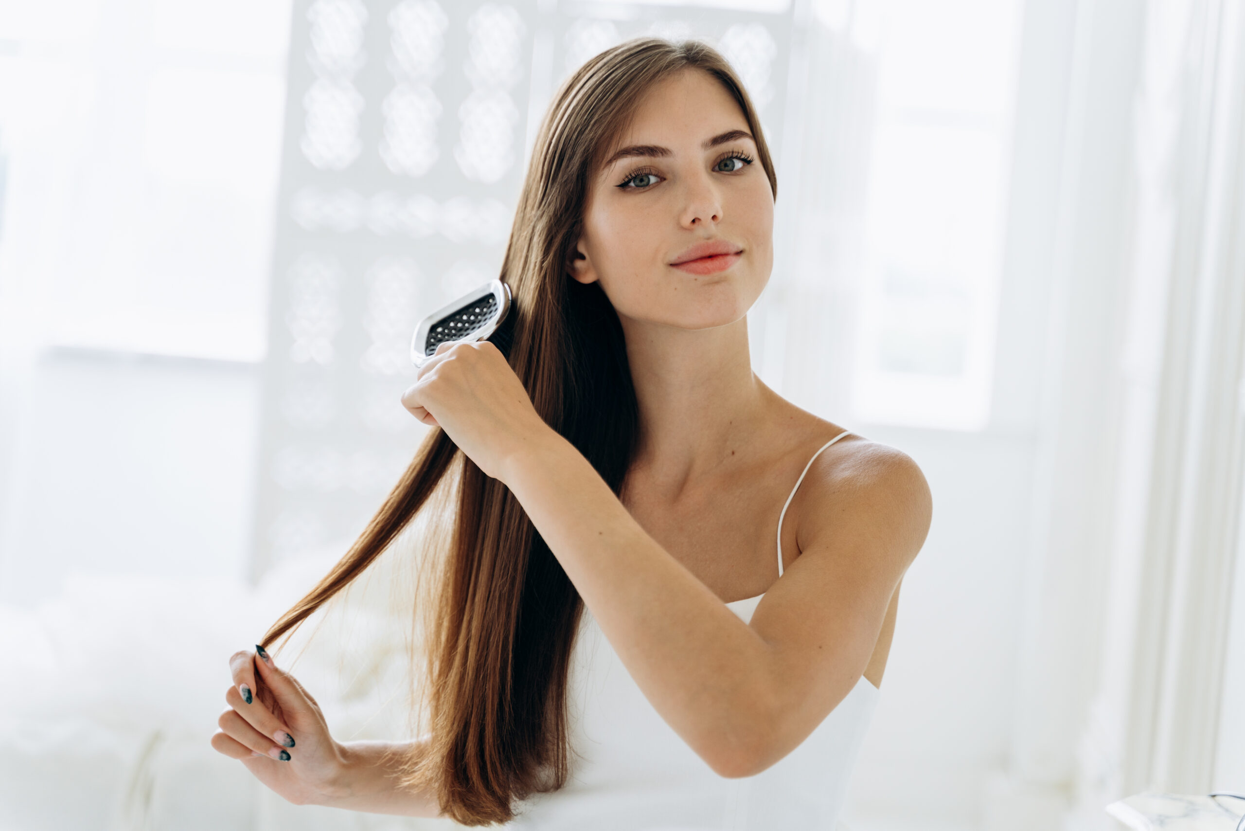 A beautiful woman styles her soft hair and wears a white blouse.