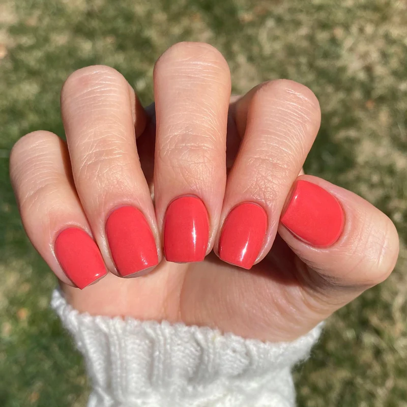 A woman's hands adorned with a charming coral nail polish.