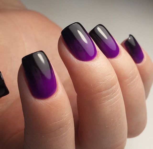 A woman's hands with an ombre manicure in black and purple