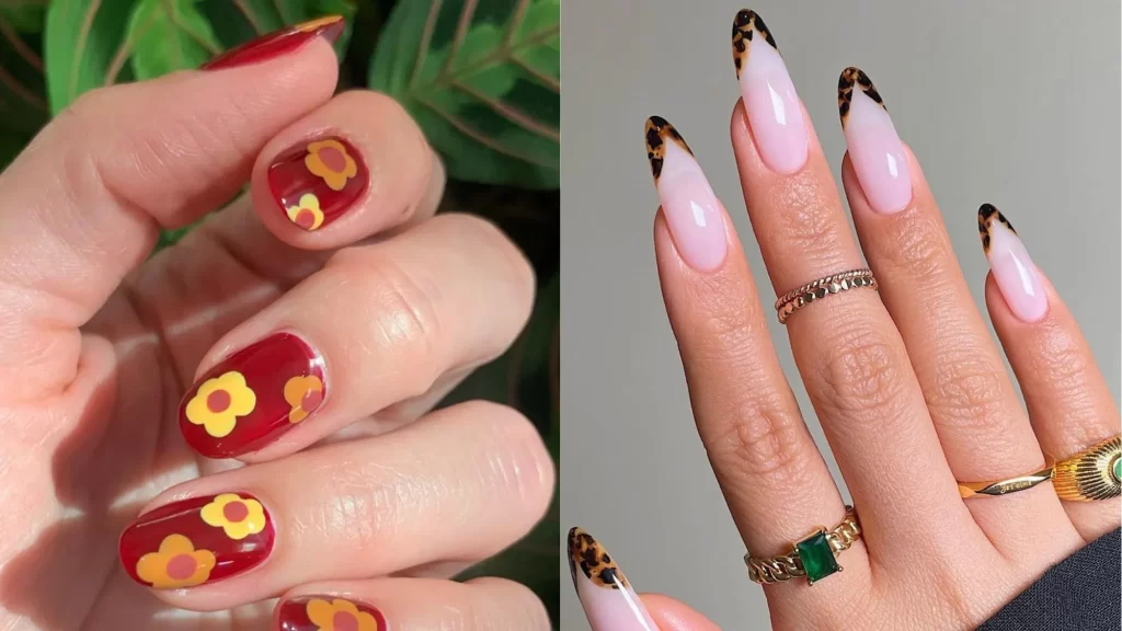 The hands of two faceless women, their adorned nails embody the Fall 2023 trend in their nail designs