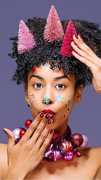 A beautiful girl for Gelish On My Wish List nail polish with colorful trees on her head and a snowflake necklace.