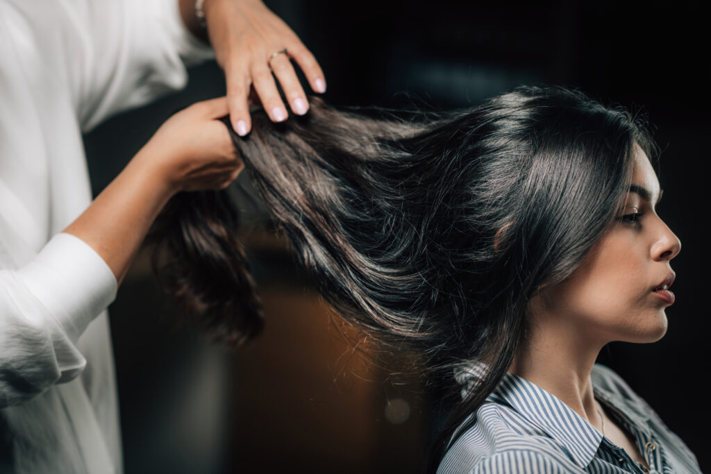 Woman getting a new hairstyle. hair care. hair treatment.