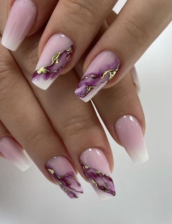 Press-on Nails set in Ombré Pink with Purple & Gold Marble. Creating Intricate Designs Using Layered Effects and Textures