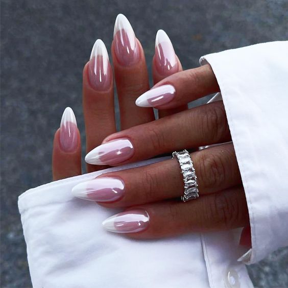 French Tips Press on Nails with Mirror Designs Glossy Plating Medium Almond Shape Fake/False Nails Chrome Full Cover Acrylic Nails X Glue Stick on Artificial Fingernails for Women Girls