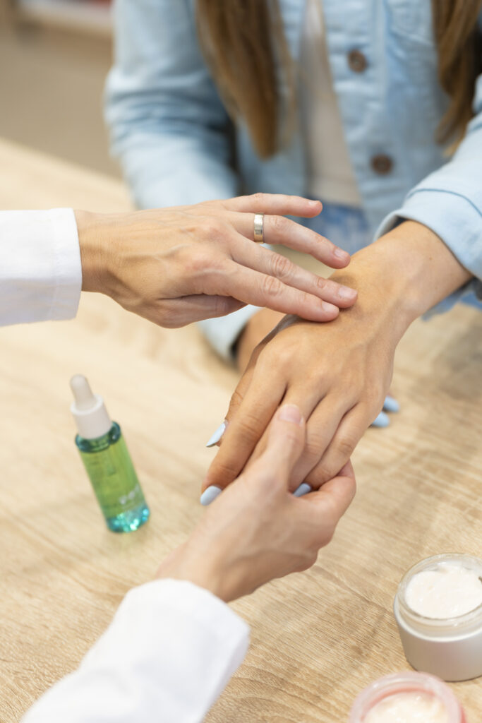 Close-up of a woman's hand testing a skin cream. Hand cream. hand care. skin care.