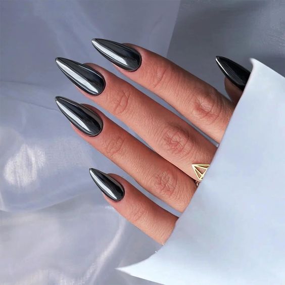 Smoky Grey Chrome Press on Nails Medium Almond,SXVME Gold Nails Chrome Fake Nails Plating Mirror Metal Glue on Nails,Acrylic Nails Metallic Nails Press ons,False Nails Medium Stiletto Nails