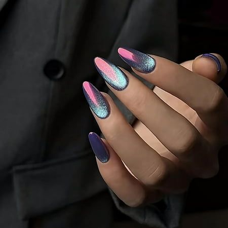 Cat Eye Press on Nails Long Stiletto Fake Nails Glitter Full Cover Gradient False Nails Acrylic Nails Glossy Stick on Nails Jelly Press on Nails for Women.