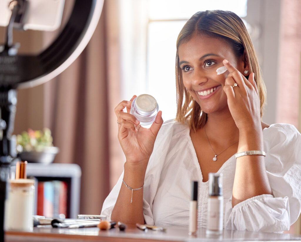 BB Cream or Sunscreen: Which should you choose for your skincare routine. Beauty influencer, cream and woman live streaming for makeup, cosmetics and fashion.