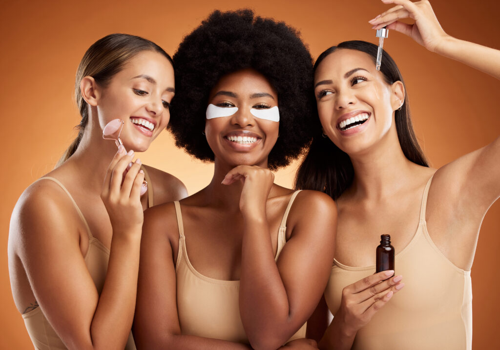 Beauty, skincare and diversity with women and product of facial and wellness, cosmetics and youth.