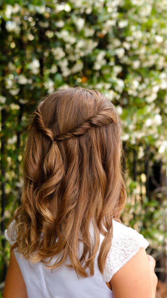 half-up, half-down twist hair. hair style. light brown hair.