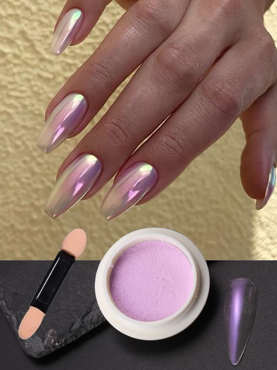 Aurora Holographic Solid Nail Powder White Yellow Chrome Glitter Iridescent Nail Art Pigment with Brush Mirror Chrome Nail Dust