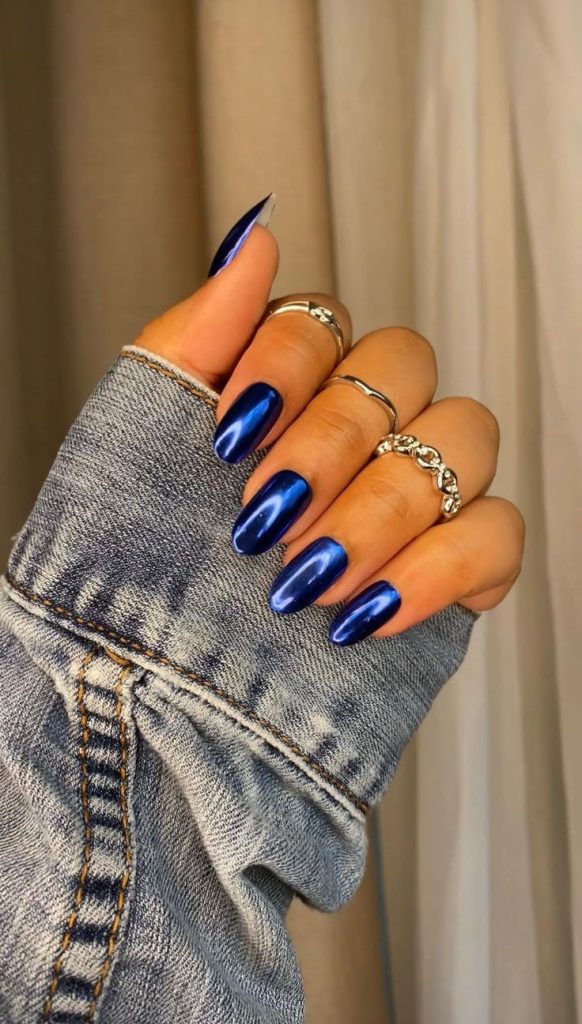 Royal Blue Chrome Square Press on Nails Short Medium, metallic royal blue.