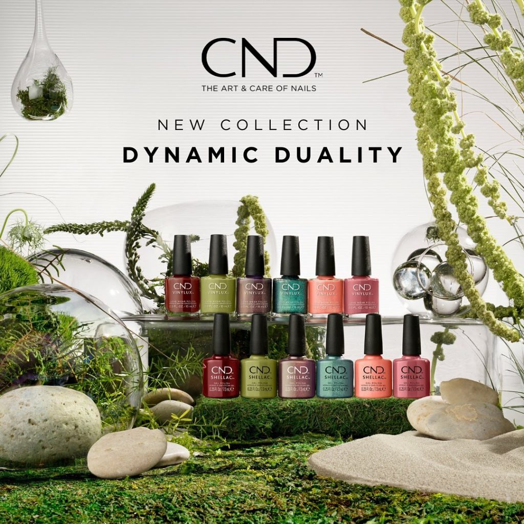 NEW fall collection, Dynamic Duality, featuring six new shades and vibrant finishes that represent a fusion of tradition and technology. Featuring unique metallic effects to exude a futuristic feel and earth tones in cream finishes to evoke stability. Available in CND SHELLAC Gel Polish and CND VINYLUX Long Wear Polish. 