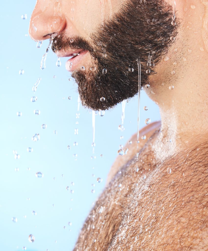 Man face, shower and profile of a model in water for cleaning, skincare and hygiene wellness. Isola. Step 1: Washing Your Beard. beard care. home beard care.