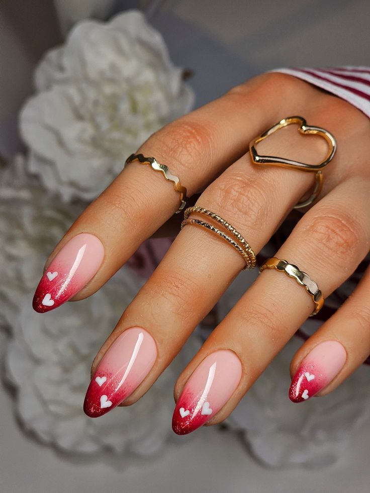 Beautiful red glitter ombre with white hearts reusable press on nails