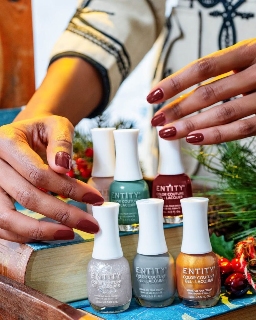 Entity six festive shades. Entity Color Couture nail polish collection. Winter 2024 nail polish collection.