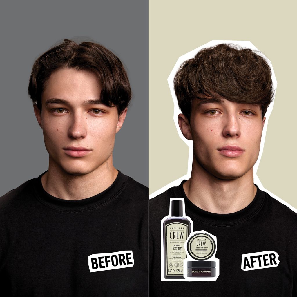 Pre-Styling Cleansers. American Crew Boost Pre-Styling Cleanser. A young man showing his hair before and after using pre-styling cleansers