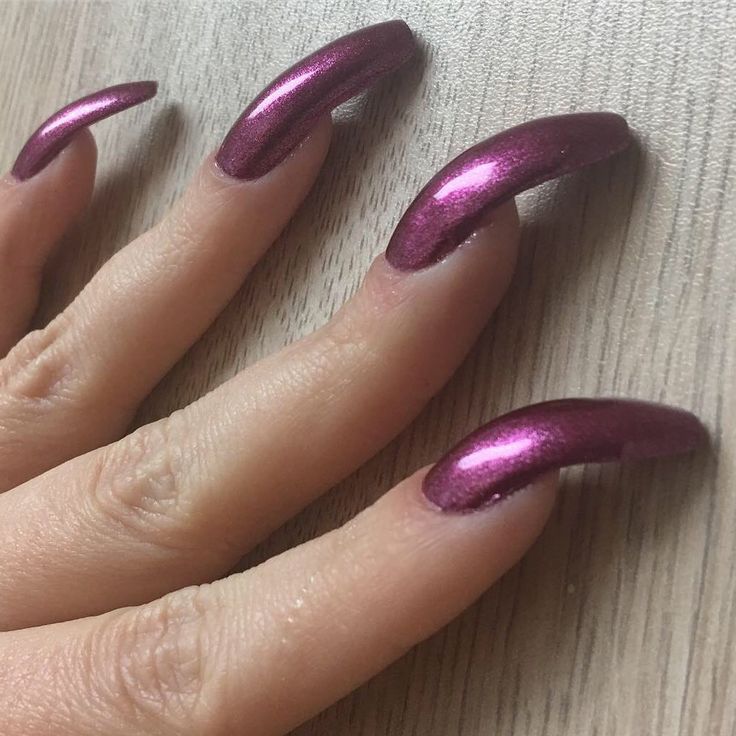 Purple nails. Curved nails pained in purple nail polish.