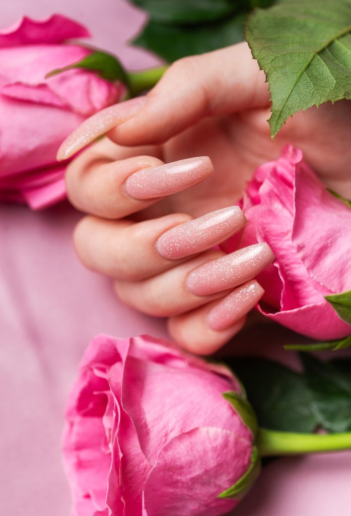 Female hands with pink nail design  hold pink roses.  Pink nail polish manicure on pink background