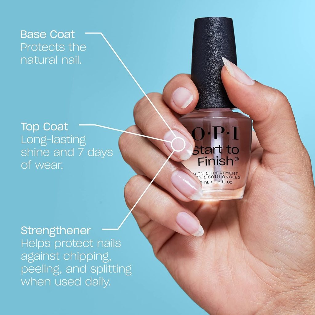 OPI Start To Finish 3 in 1 Treatment showing its features and benefits for nails.