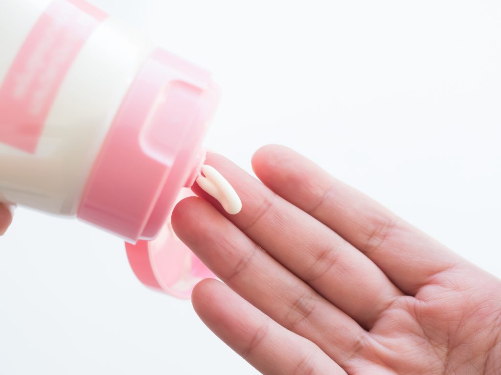 Lotion Body on Finger Woman, Cosmetic Skin Care on Hand for Apply Arm, Moisturizer Soft Spa Beauty Female, Cream Treatment Tester on Palm Up, Girl Applying Hand Cream after Shower in Home. Nail Care Hacks.