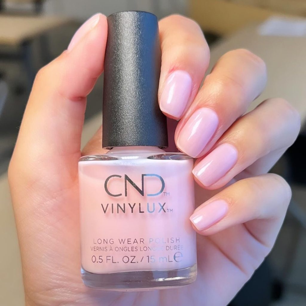 sheer pink-nude nails and CND shade. CND Vinylux Long Wear Polish. regular polishes.