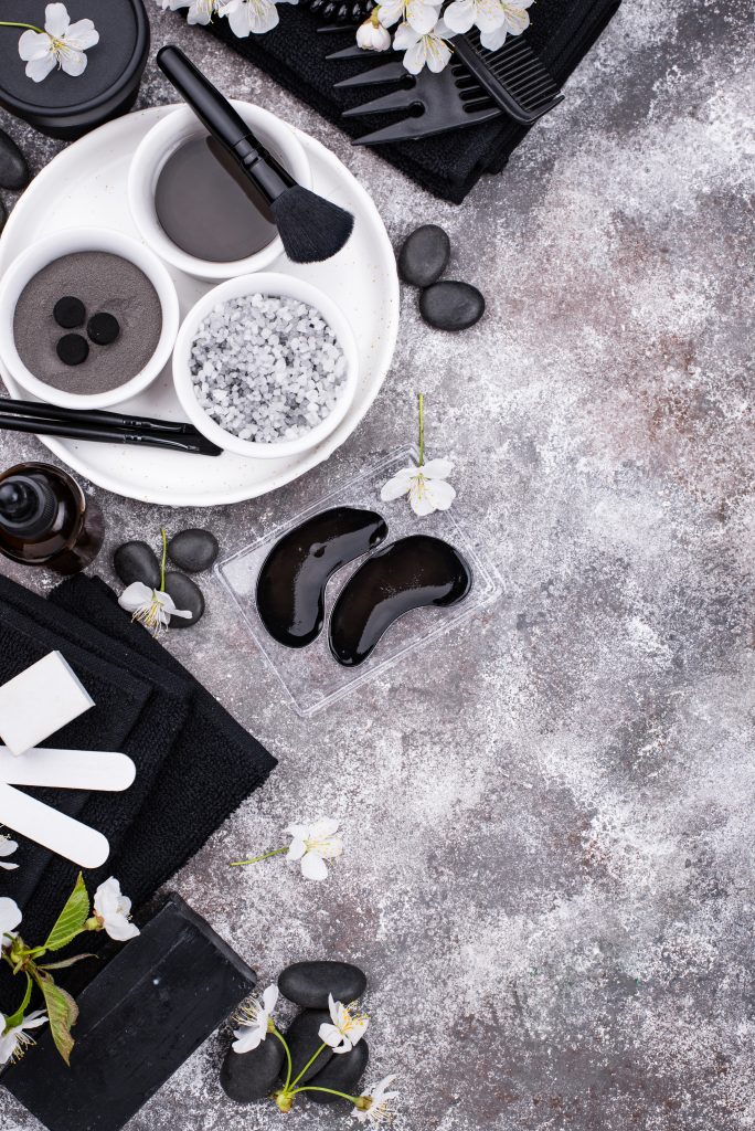 Set of black charcoal detox cosmetics. Skincare concept