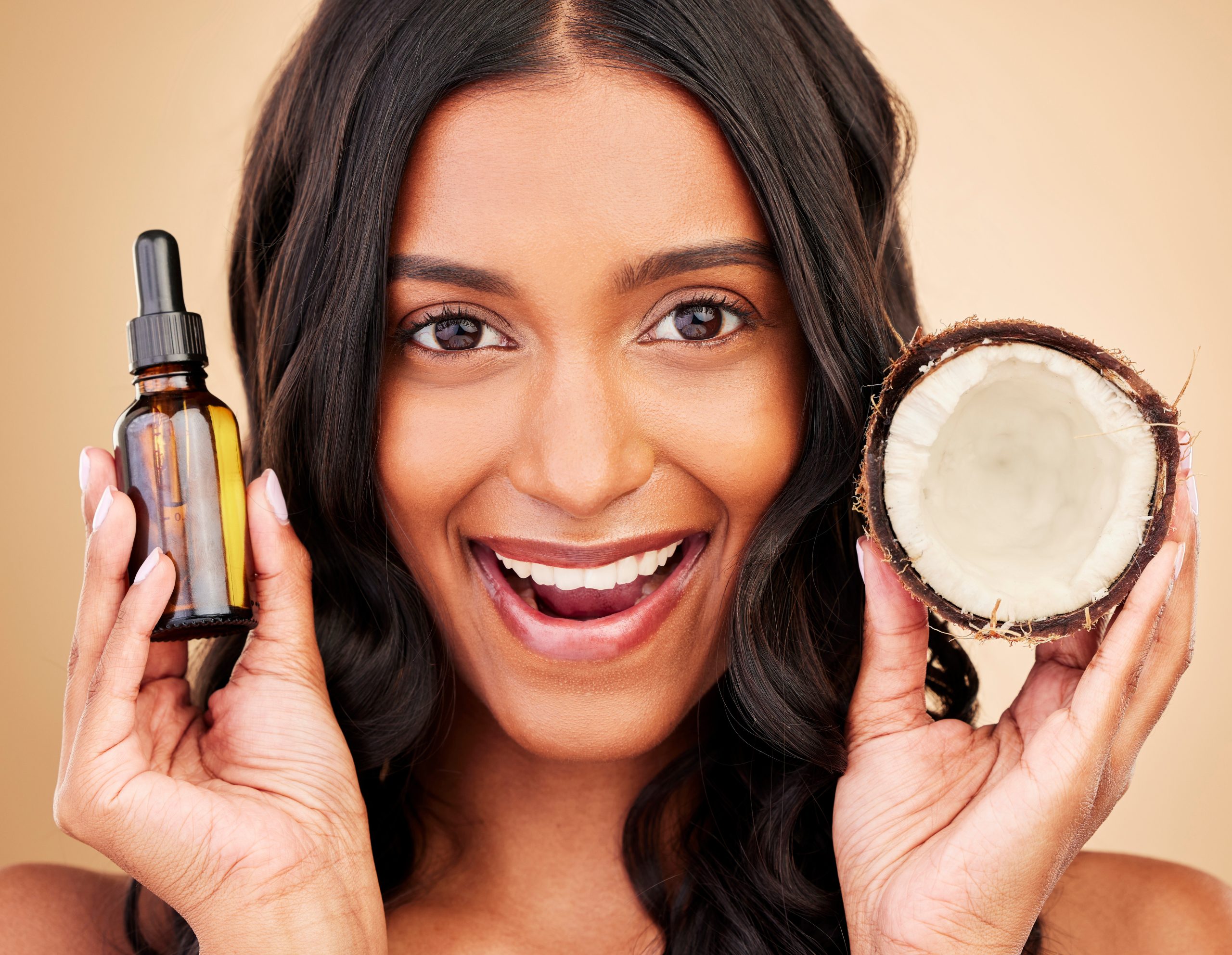 How to Layer Skincare Products Correctly. Hair, woman and coconut oil, beauty and cosmetic care with wellness and treatment in portrait on st.