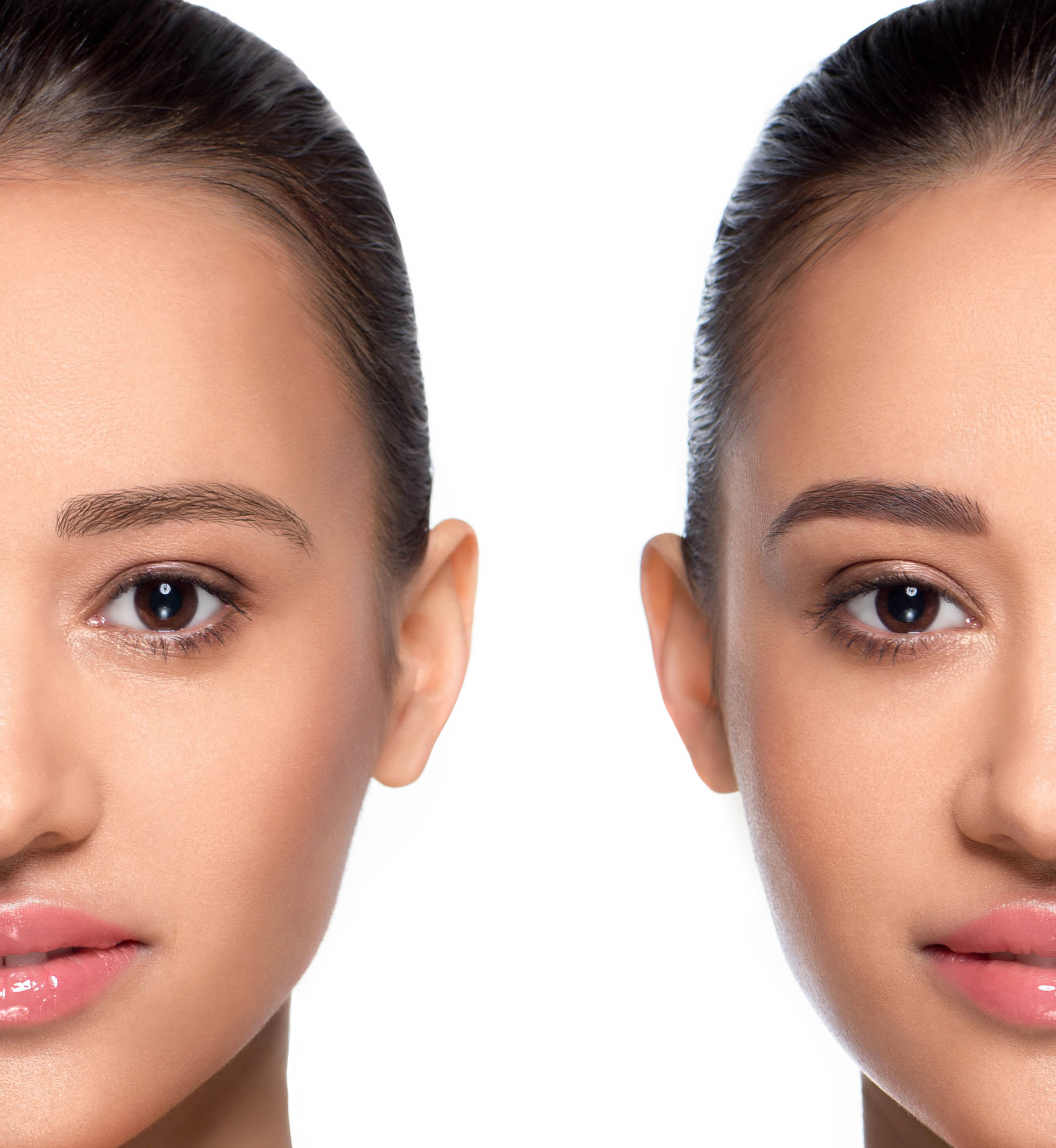 Eyebrow Growth Serums. Result of styling and coloring eyebrows, female face before and after styling eyebrows, close-up.