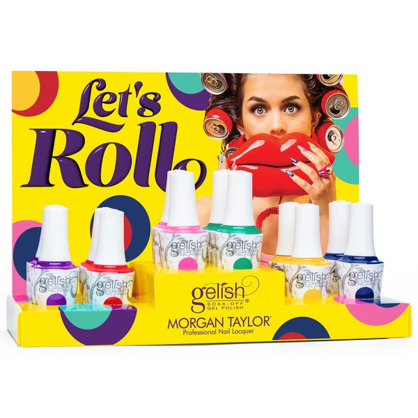 Gelish Summer 2025 'Let’s Roll' collection featuring six vibrant nail polish shades on a yellow stand against a bright yellow background with colorful polka dots. The bold text 'Let’s Roll' is displayed in purple, and the image incorporates a creative design of hair rollers styled like nail polish bottles, emphasizing the playful and nostalgic theme of the collection