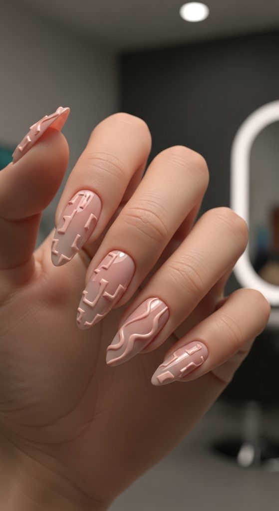Close-up photorealistic female hand with almond nails featuring 3D minimal sculpted accents, micro droplets, abstract ridges, and nude glossy base.