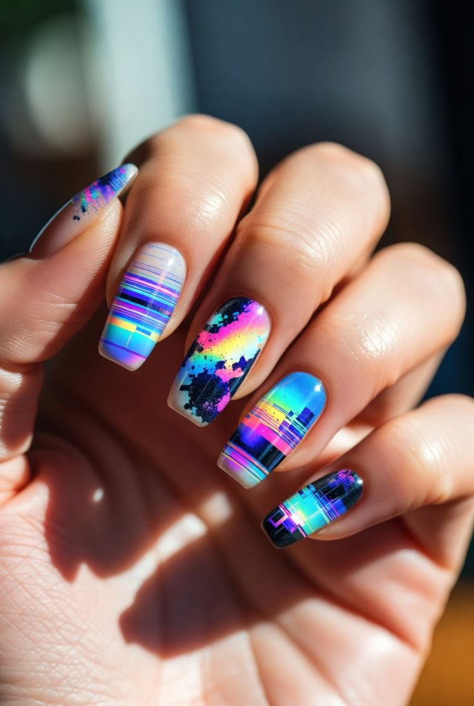 Soft digital gradient illusion nails for 2026 with pastel pixel transitions, smooth gel finish, and reflective highlights on square nails.