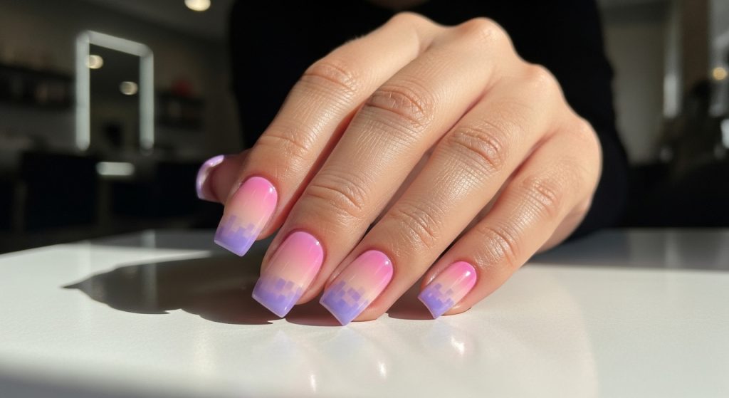 Soft digital gradient illusion nails for 2026 with pastel pixel transitions, smooth gel finish, and reflective highlights on square nails
