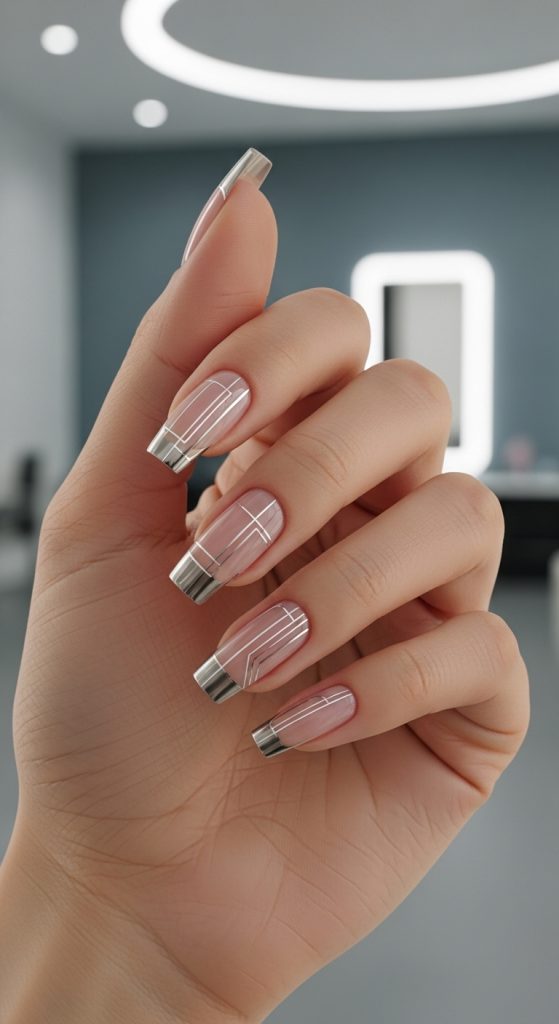 Futuristic minimal line art nails for 2026 with sleek metallic lines on soft nude base, glossy finish, and elegant almond nail shape.