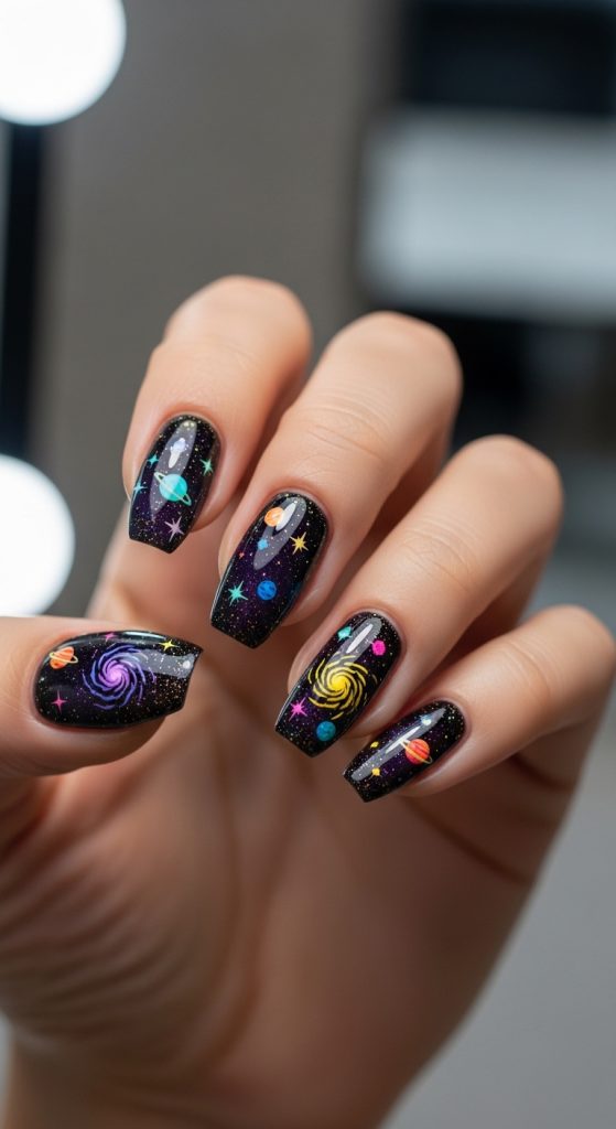 Unique micro-storytelling nail art for 2026 with miniature celestial designs, pastel base, and intricate fine details on oval nails.