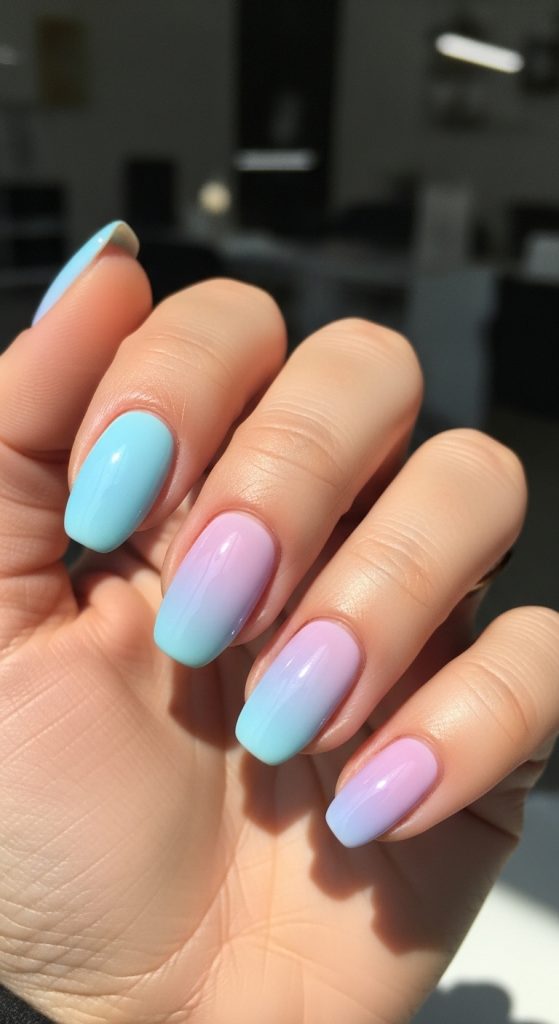 Futuristic mood-reactive nails for 2026 with thermochromic color-shifting polish and glossy gel finish on short almond nails.