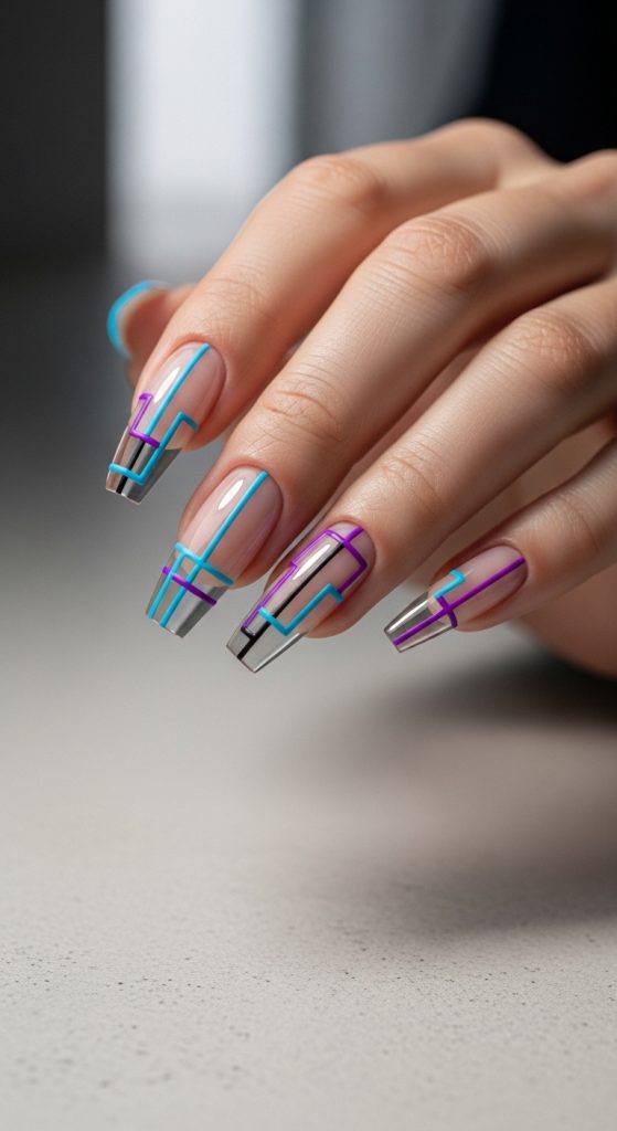 Futuristic negative space architecture nails for 2026 with clean geometric lines, matte and glossy contrast on square nails.