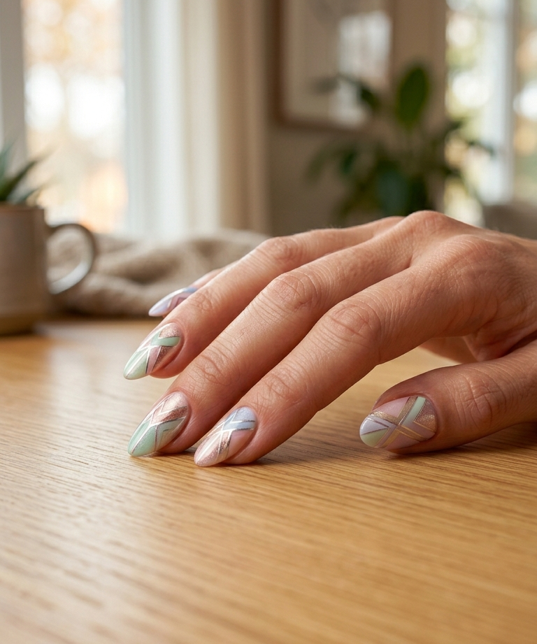 Elegant radiant geometric nail art for 2026 nail art ideas at home, featuring soft pastel and metallic shapes on almond nails with glossy finish in a cozy natural light setting.