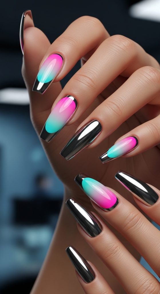 Elegant soft aura and chrome hybrid nails for 2026 nail art ideas with gradient airbrushed colors and reflective chrome accents on coffin nails.