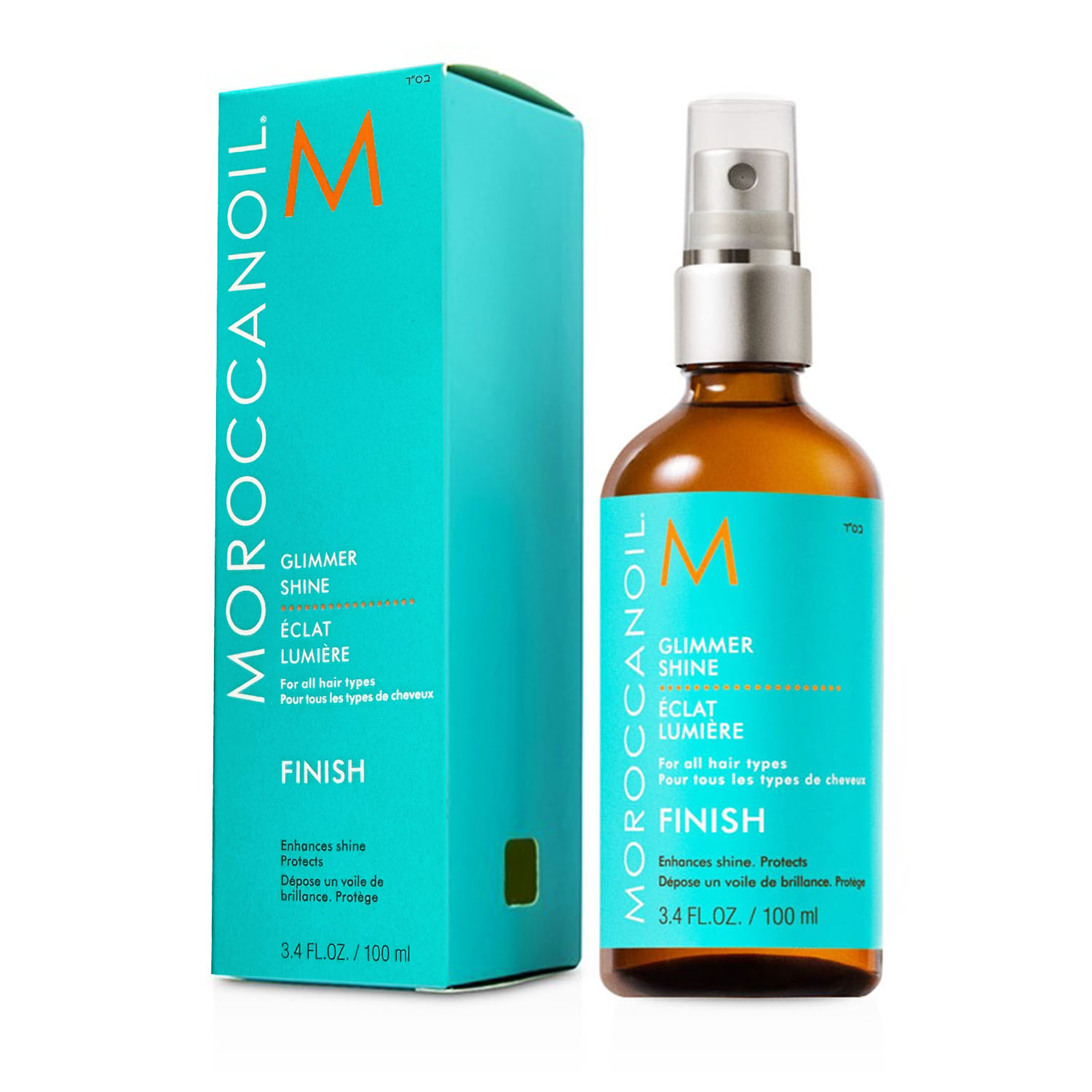 Moroccanoil Glimmer Shine Spray 3.4 FL.OZ. glass bottle shown next to its signature turquoise blue branding box.