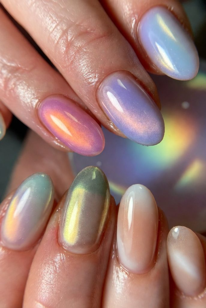 2026 nails for you with dreamy aura nail designs featuring pink, lavender, peach, gold, green, and silver airbrushed gradients.